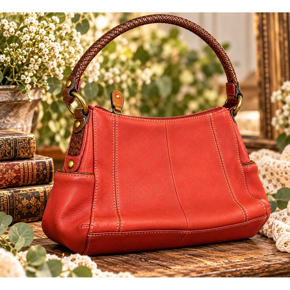 Vintage Fossil 75032 Red Leather Braided Handle Shoulder Bag Boho Y2K Festival